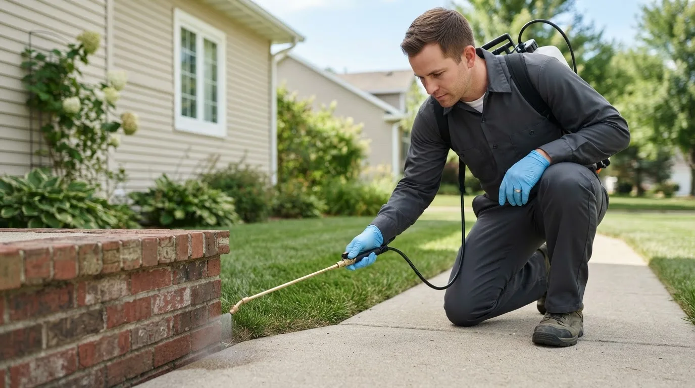 Pest control technician treating a home near Westlake, OH