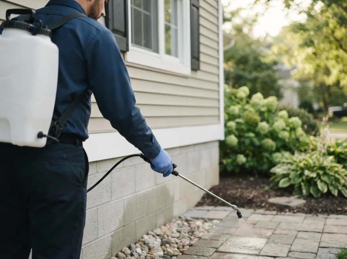 Pest control technician inspecting a home in Westlake, OH